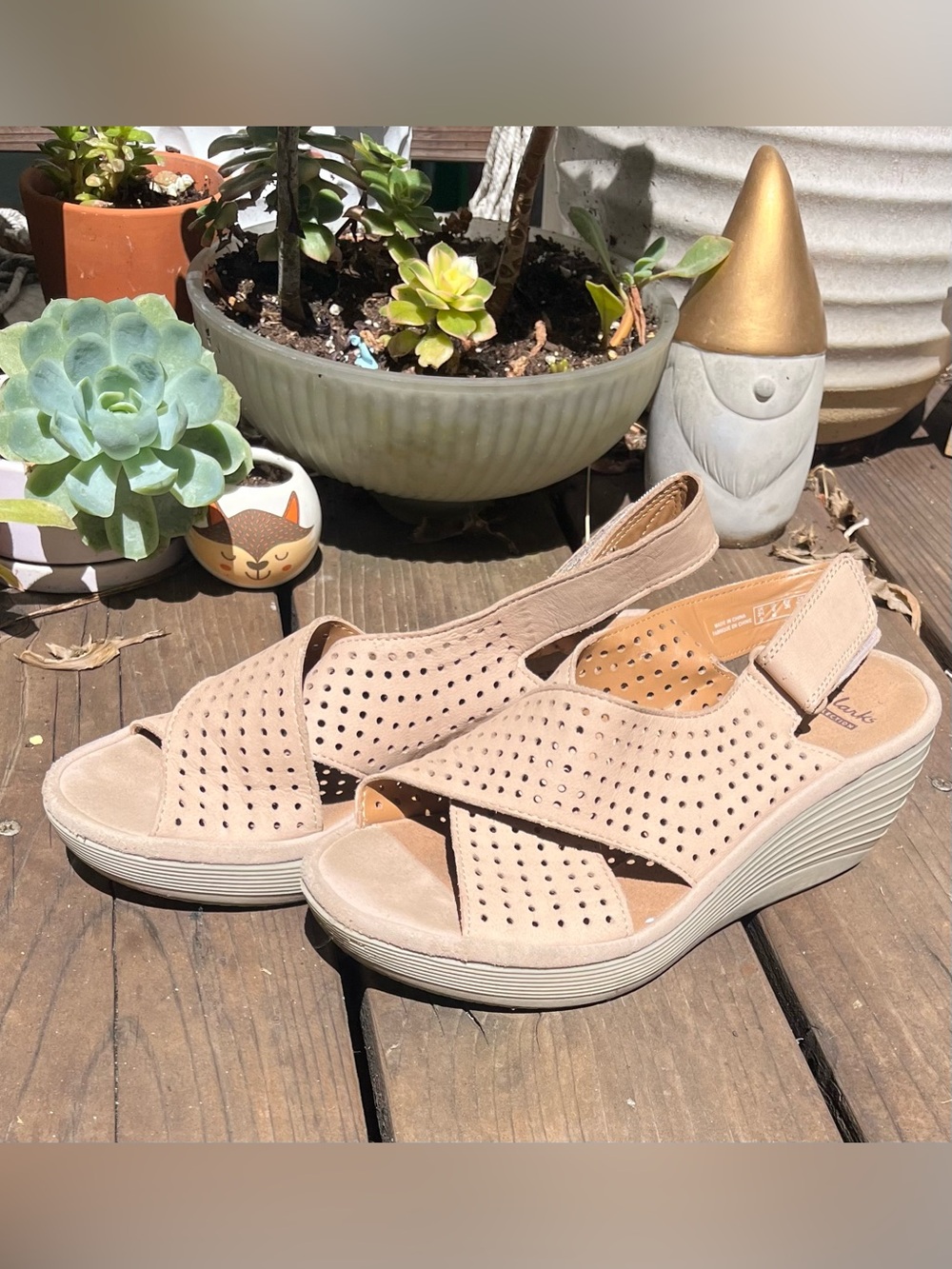 Clarks - Beige Suede Slingback Wedge Sandals - Picture 3 of 6